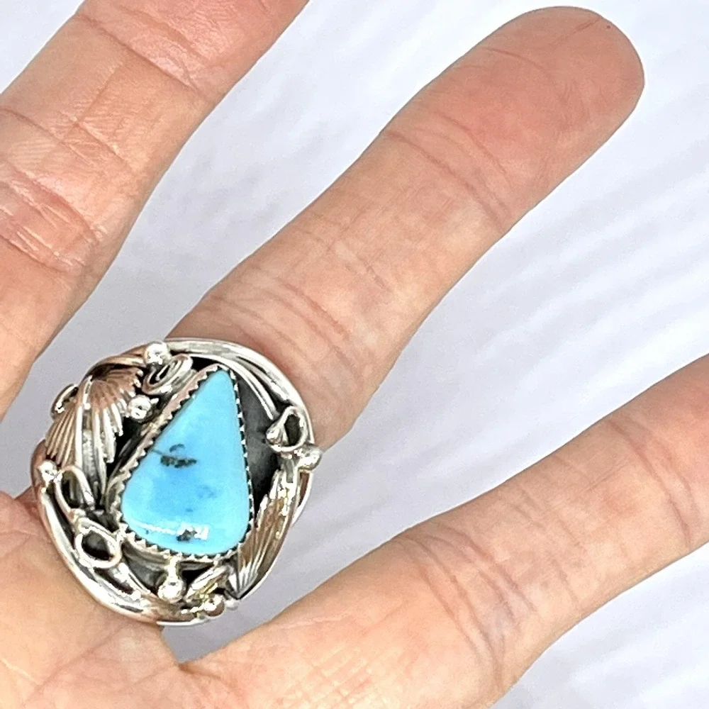 Navajo Turquoise Mens Ring Sz‎ 11 Leaf Feather Sterling Native American Saunders